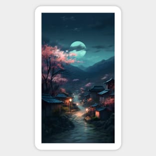 Serene Japanese Village with Cherry Blossoms under the Moonlight Painting Sticker